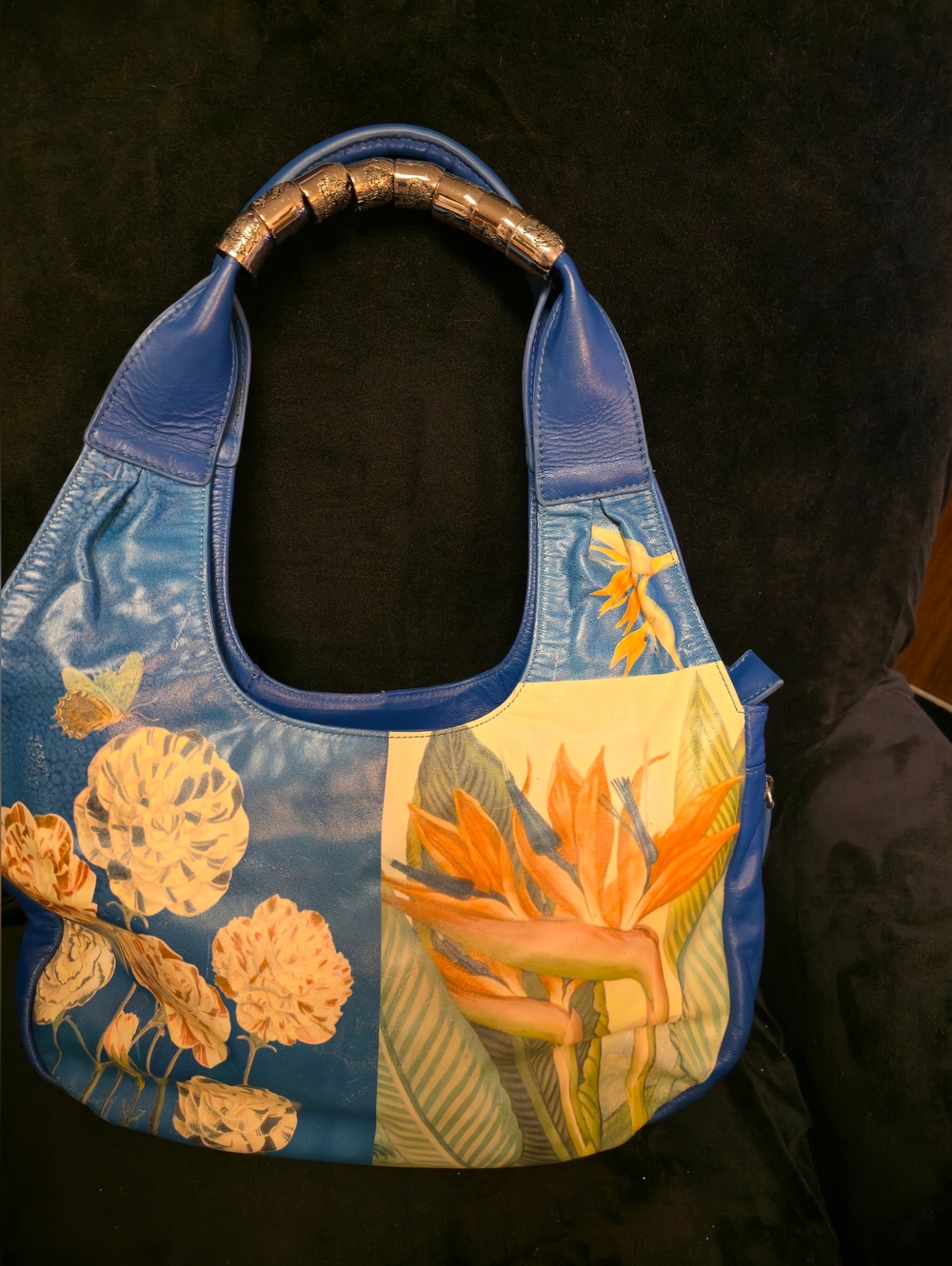 Sharif Blue Leather Shoulder Bag with Yellow Floral Bird-of-Paradise Accent